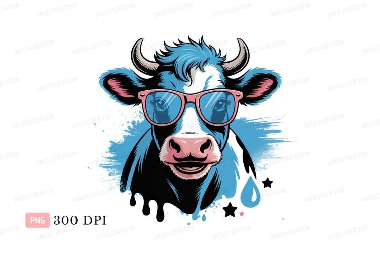 Blue cow wearing pink sunglasses animal