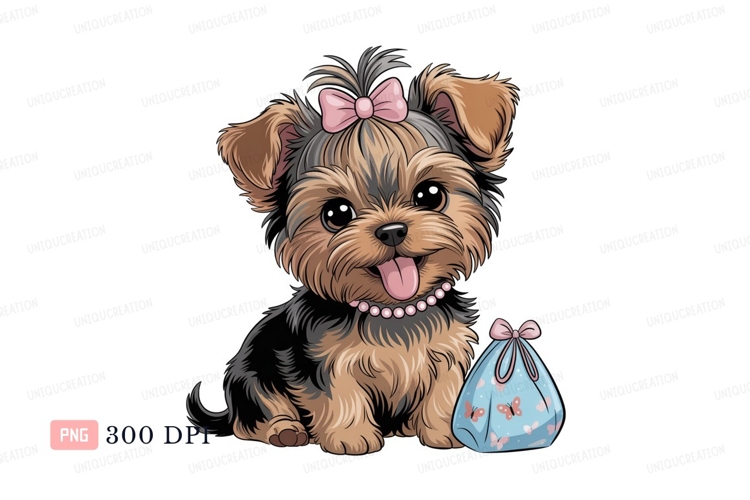 Adorable Yorkshire Terrier with Pink Bow and Gift Bag