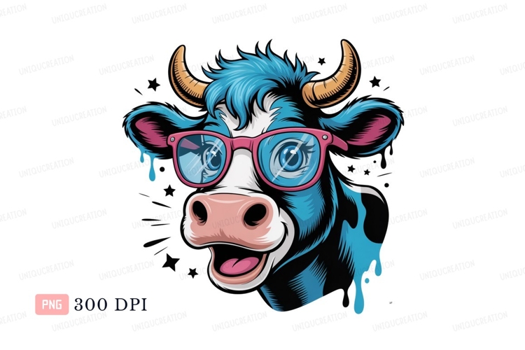 Blue cow wearing pink glasses cartoon