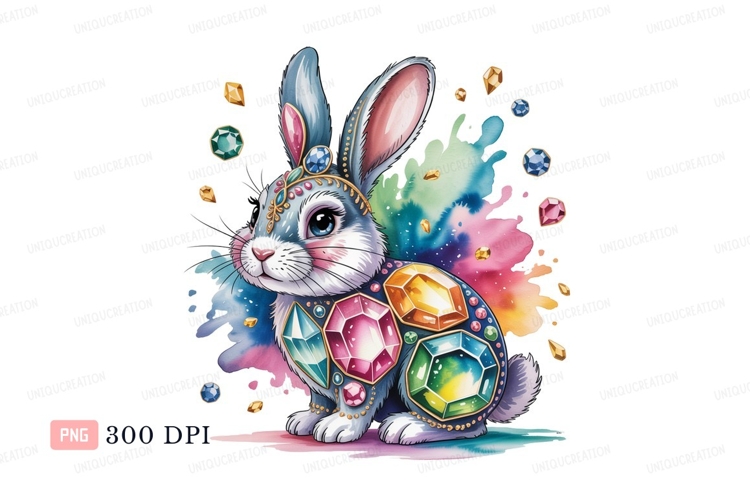 Jeweled rabbit with colorful splashes bunny gems