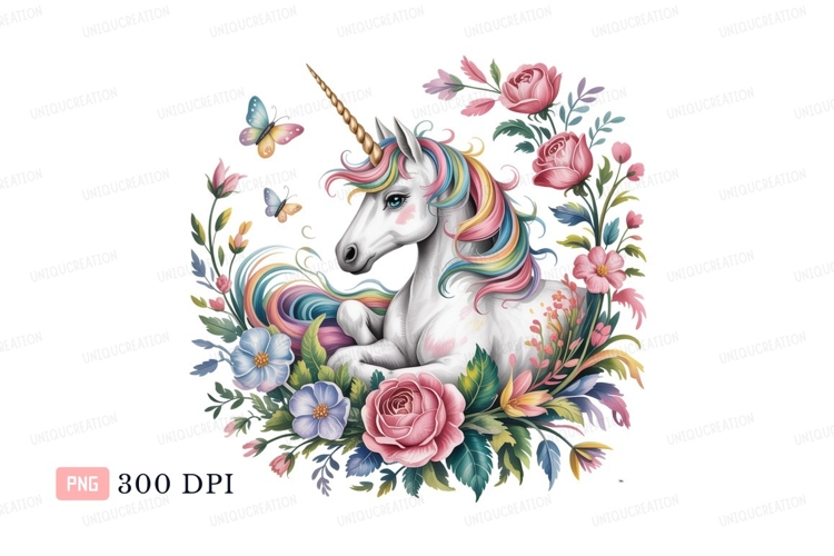 Unicorn surrounded by colorful flowers and butterflies