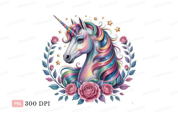 Rainbow unicorn surrounded by roses and stars horse