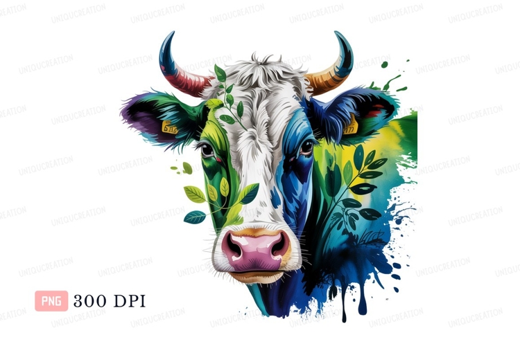 Colorful cow with green leaves CLIPART blue