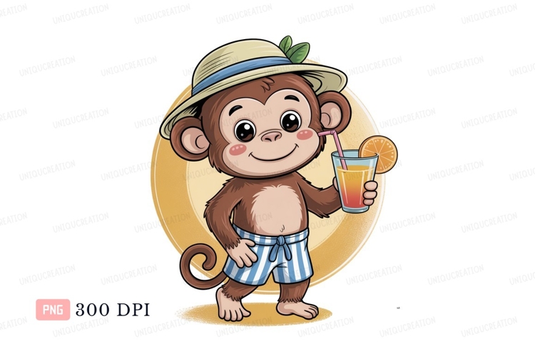 Cheerful monkey with straw hat and juice clipart