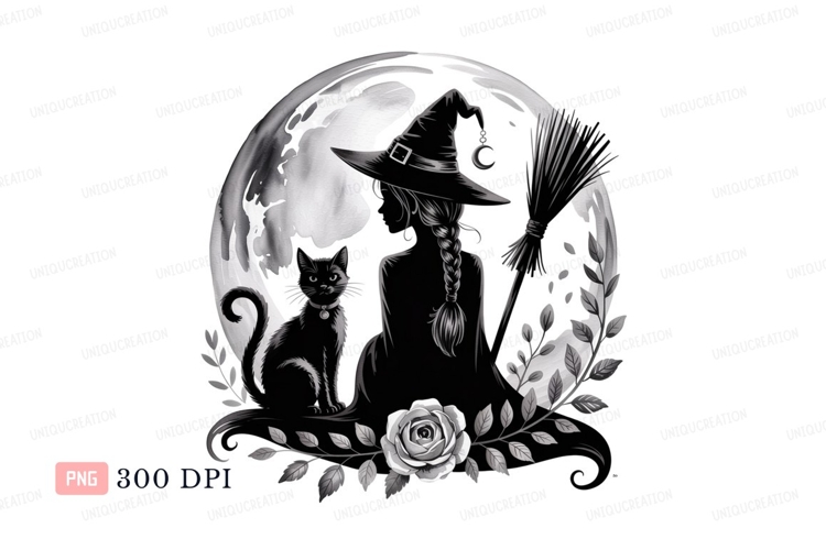 Witch cat moon rose C L I P A R T broom