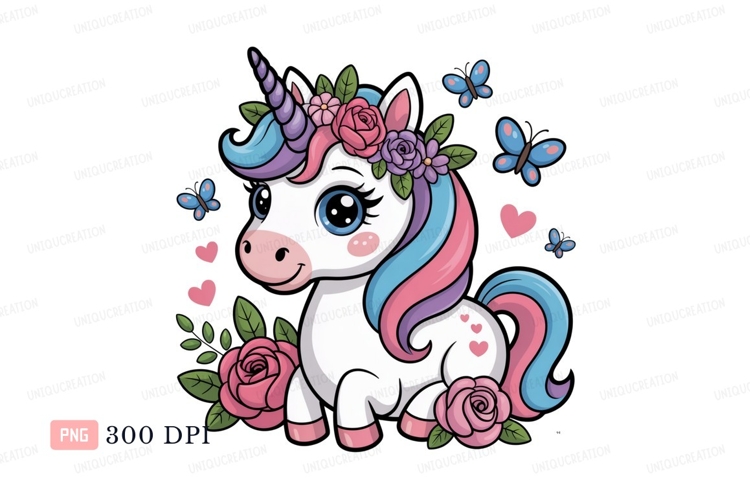 Adorable unicorn surrounded by flowers and butterflies