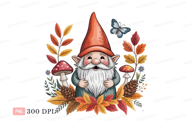 Autumn gnome with butterfly and mushrooms leaves