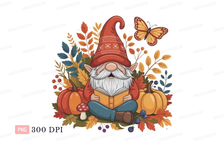 Autumn gnome reading book with butterfly image