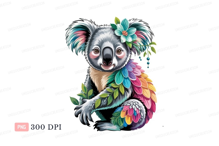 Colorful Koala With Flower animal leaves example image 1