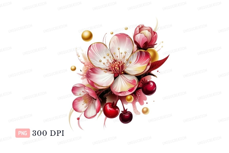 Pink cherry blossoms with golden accents and cherries
