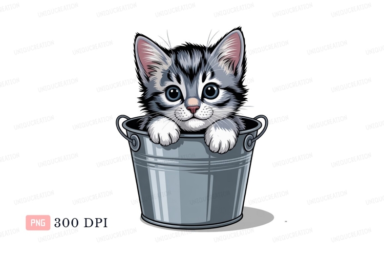 Gray kitten peeking from bucket white blue
