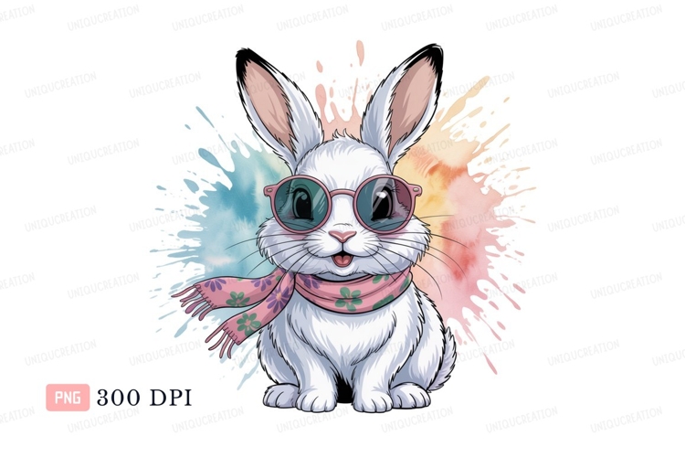 White bunny wearing pink sunglasses and scarf rabbit