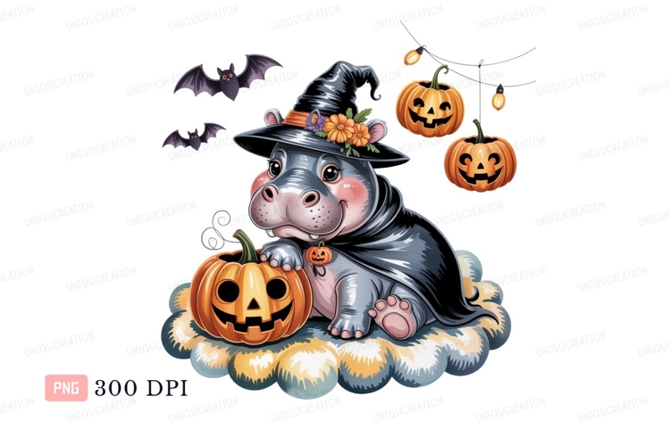 Hippo witch with pumpkins and bats image