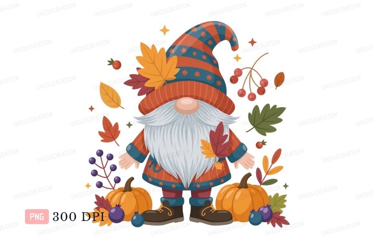 Autumn gnome with pumpkins and leaves fall
