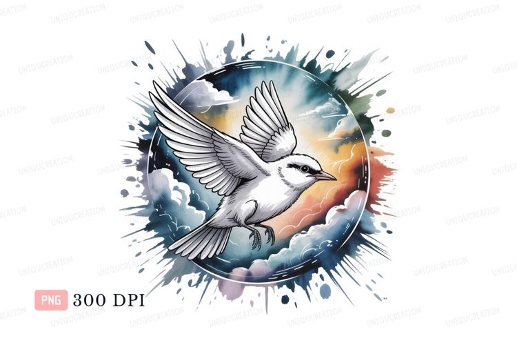 White bird flying through colorful clouds image