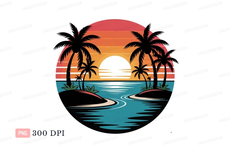 Tropical sunset ocean palm trees C L I P A R T image