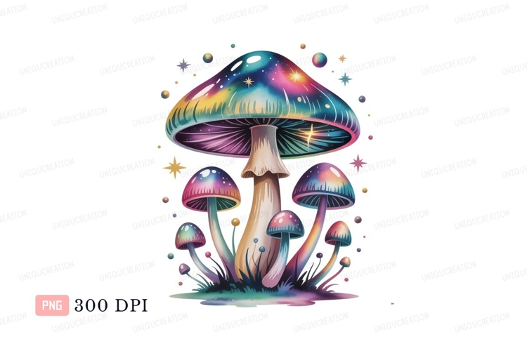 Psychedelic mushroom cluster with starry background