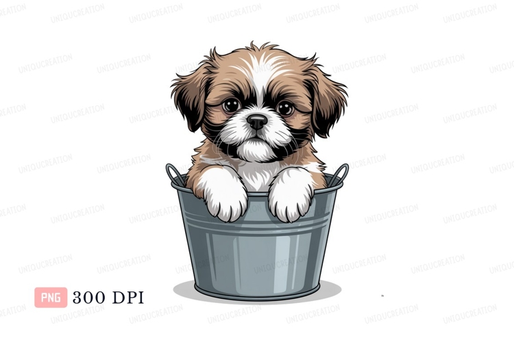 Fluffy puppy in bucket animal cute