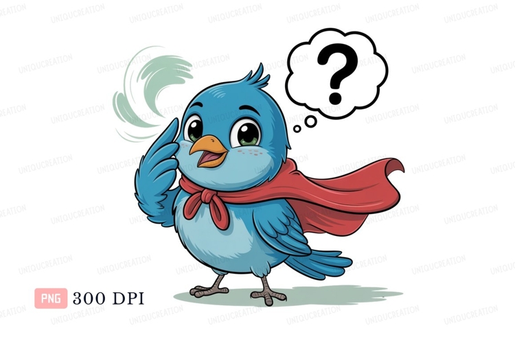 Blue bird thinking with red cape image