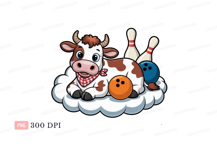 Cute cow with bowling balls and pins cartoon
