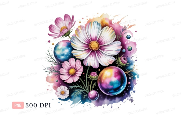 Cosmic floral spheres watercolor C L I P A R T flowers