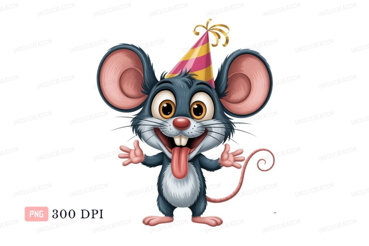 Happy mouse wearing party hat cartoon
