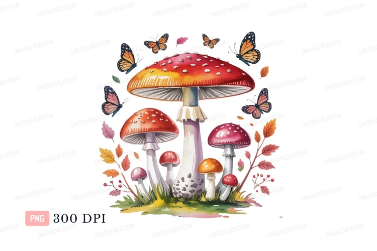 Red white spotted mushrooms butterflies autumn leaves