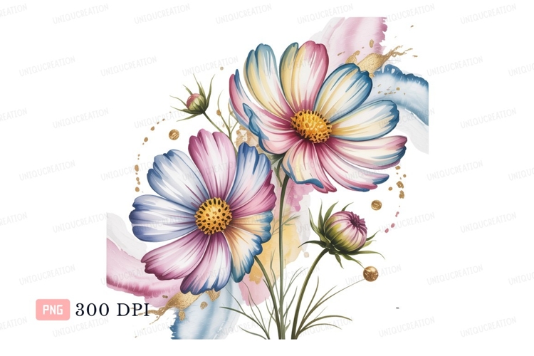 Colorful cosmos flowers with gold accents pink blue