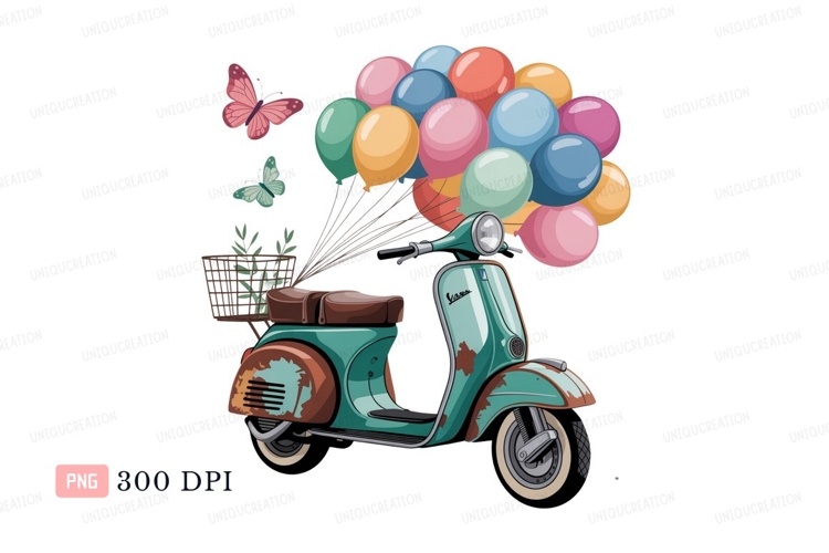 Teal scooter with balloons and butterflies brown pink