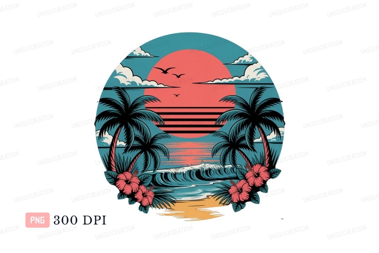 Tropical sunset beach scene with palm trees and ocean waves