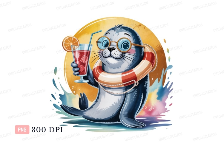 Seal wearing glasses and lifebuoy holding drink animal
