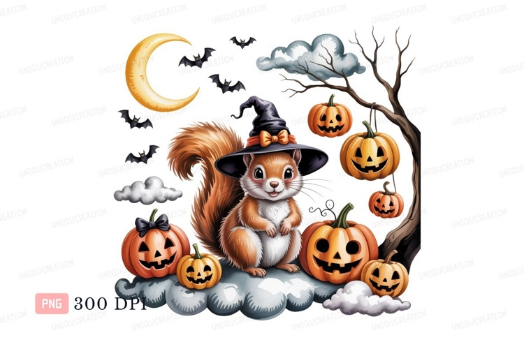 Squirrel witch pumpkins bats moon jack