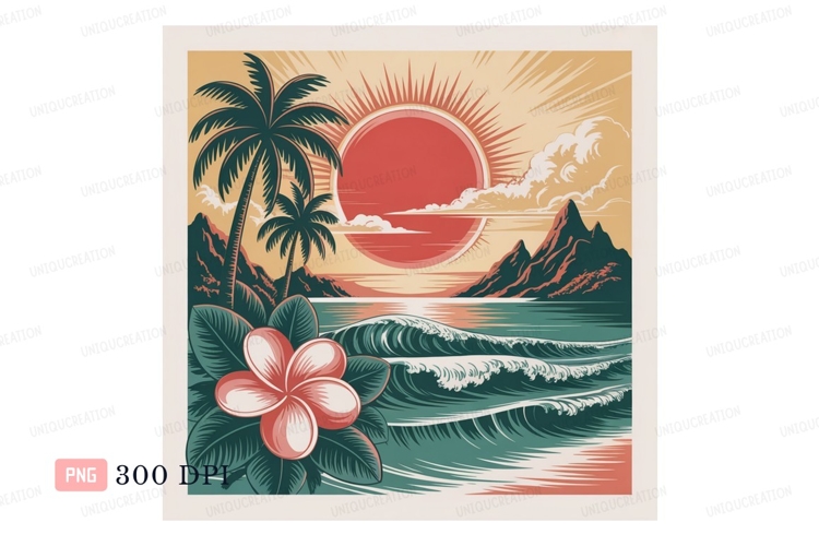 Tropical sunset ocean waves palm trees flower image