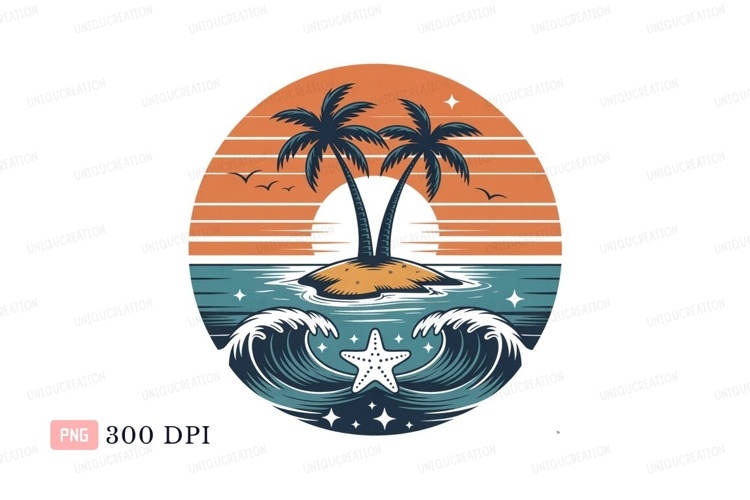 Tropical island sunset with palm trees and waves ocean