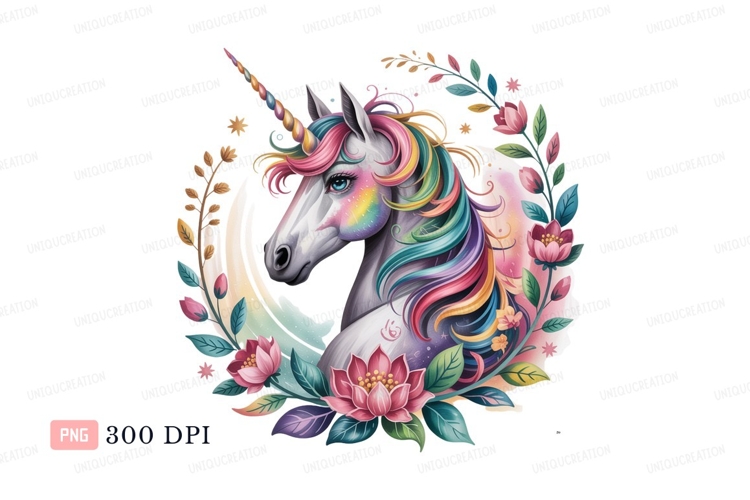 Majestic unicorn surrounded by colorful flowers horse
