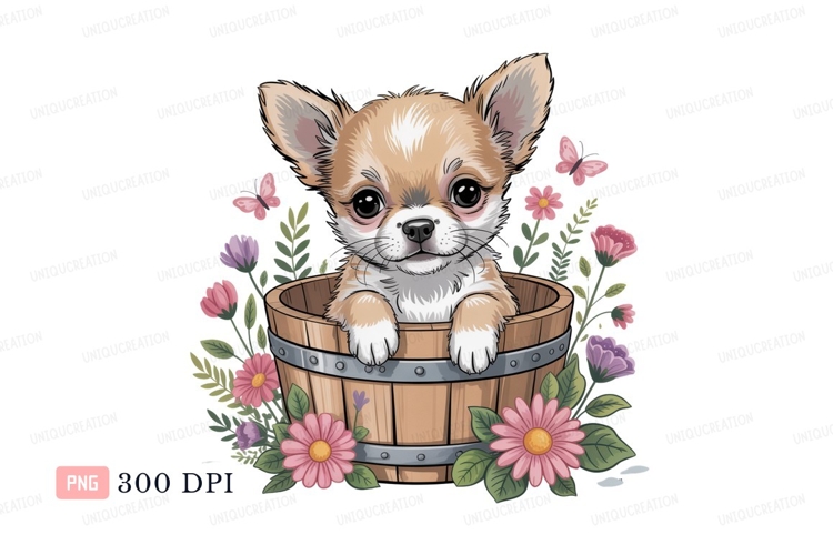 Adorable chihuahua puppy in wooden bucket surrounded by flow