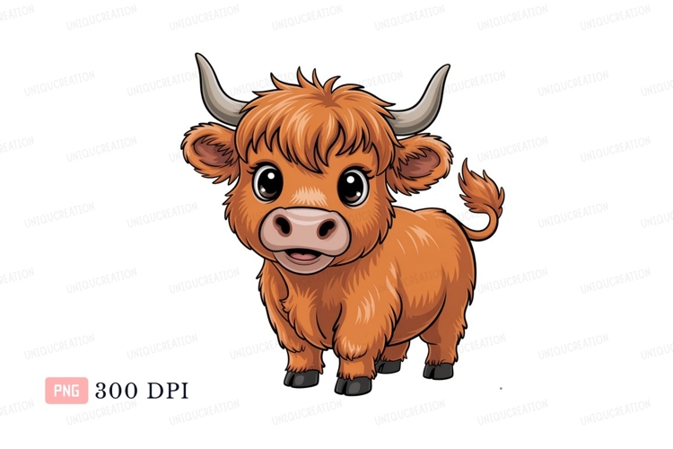 Fluffy brown cow with horns cartoon