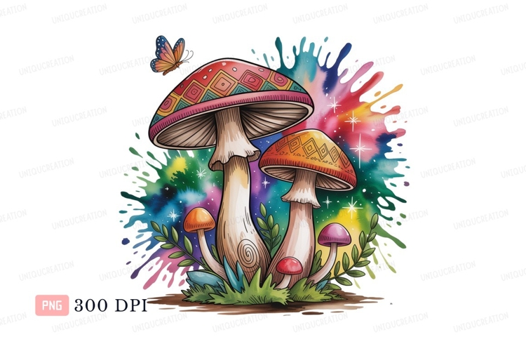 Psychedelic mushrooms and butterfly fantasy colorful