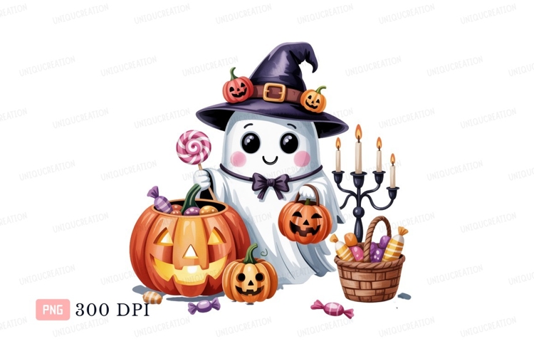 Cute ghost with pumpkins and candy halloween witch