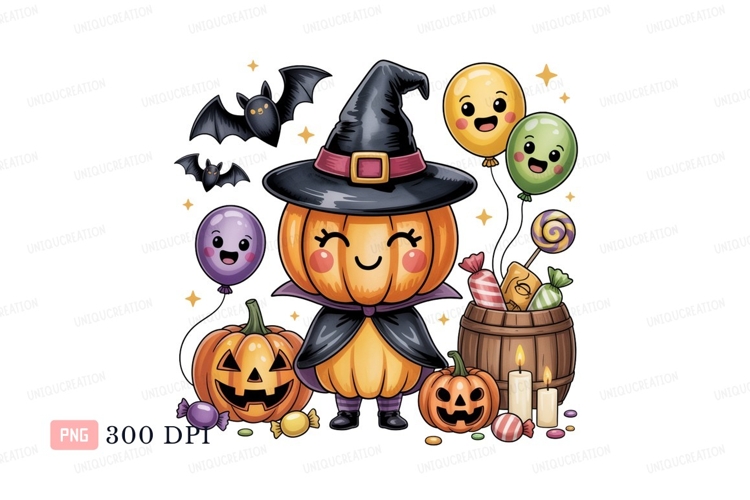 Cute pumpkin witch with balloons and candy halloween