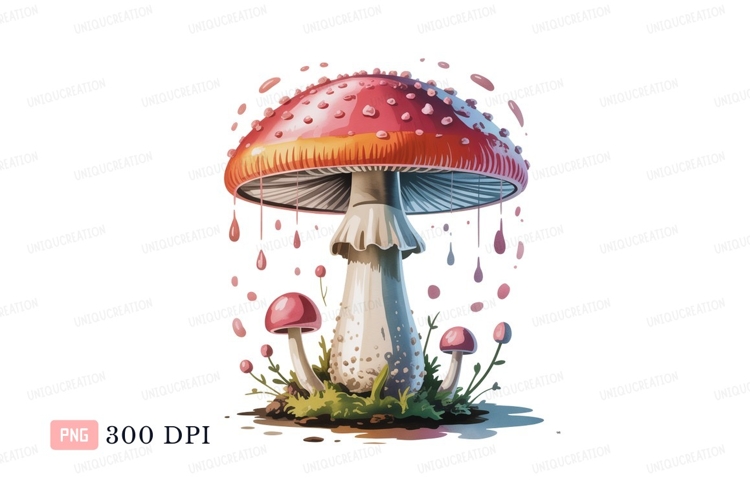Red spotted mushroom with droplets white pink
