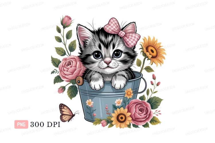 Fluffy kitten in bucket with flowers and butterfly
