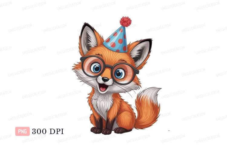 Cheerful fox wearing party hat and glasses orange white