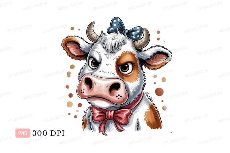 Cartoon cow with bow and ribbon keywords