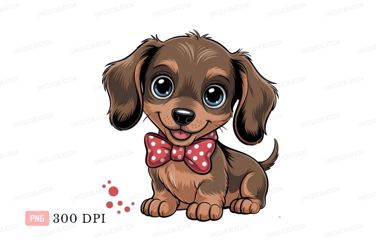 Adorable brown puppy with blue eyes and red polka dot bow ti