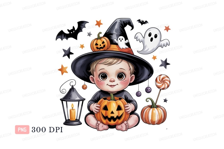 Cute baby witch with pumpkins and ghosts image