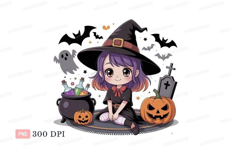 Cute witch girl with halloween elements pumpkin ghost