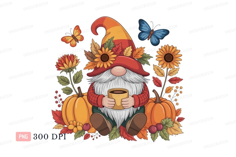 Autumn gnome holding coffee cup surrounded by pumpkins and f