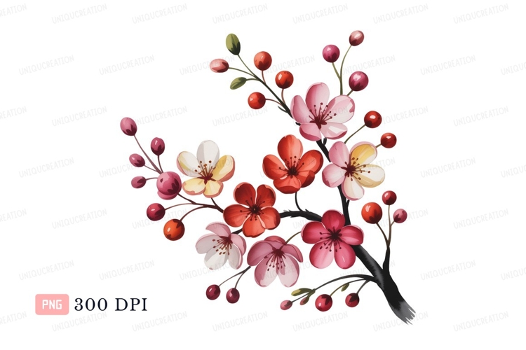 Pink red white yellow blossoms flower branch