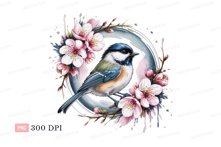 Blue bird with pink blossoms white